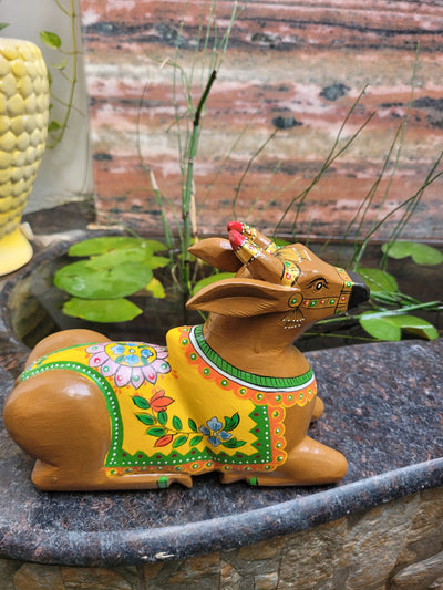 Nandi / Cow Wood Carving Statue Yellow Floral Painting Vastu Decor Pooja Room Decor Indian Handicrafts (7H * 9L * 3.5W Inches) (Copy)