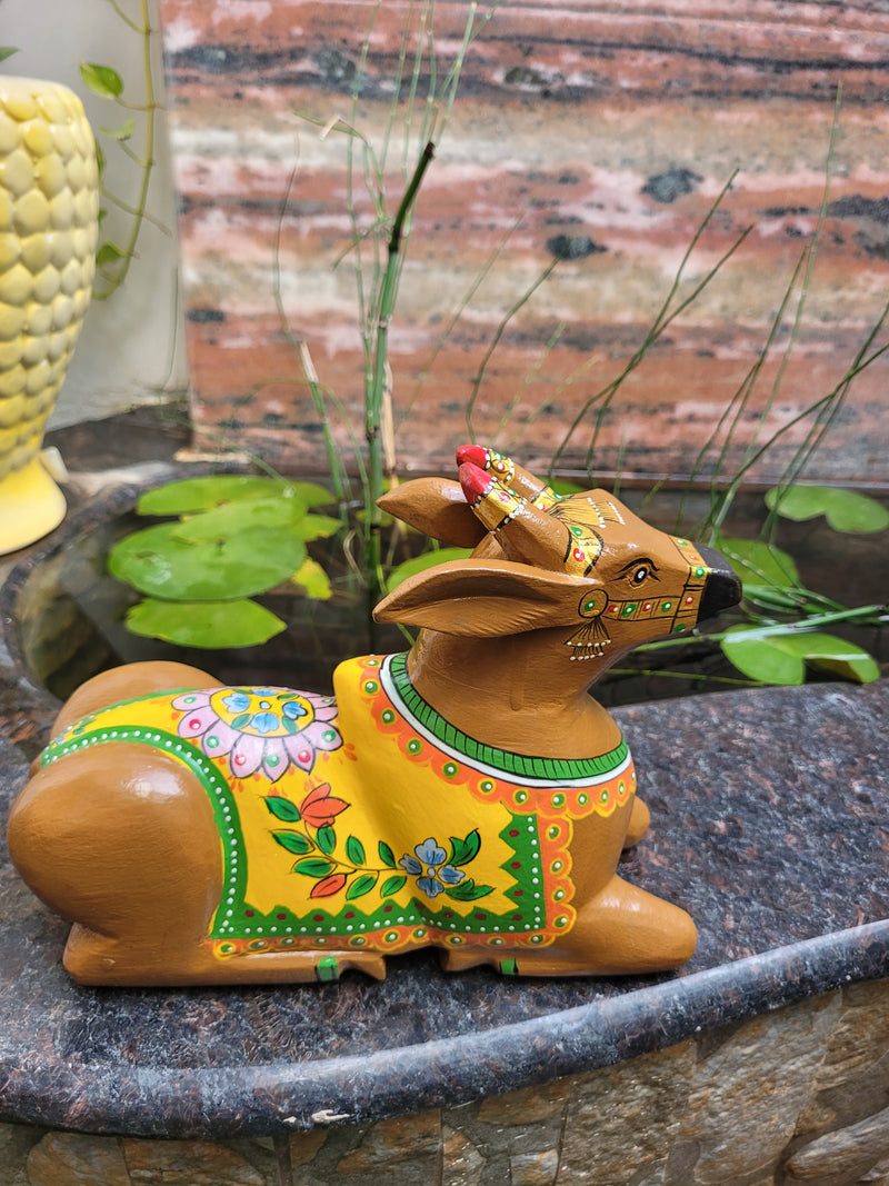 Nandi / Cow Wood Carving Statue Yellow Floral Painting Vastu Decor Pooja Room Decor Indian Handicrafts (7H * 9L * 3.5W Inches) (Copy)