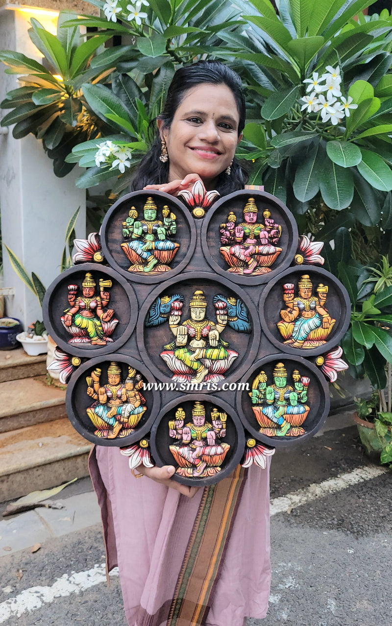 Goddess AshtaLakshmi ashtalakshmi Circular Wood Carving Wall Panel Multicolour Vaagai Wood Wall Hanging Traditional Indian Handicrafts (23.5H * 23L * 2W Inches)