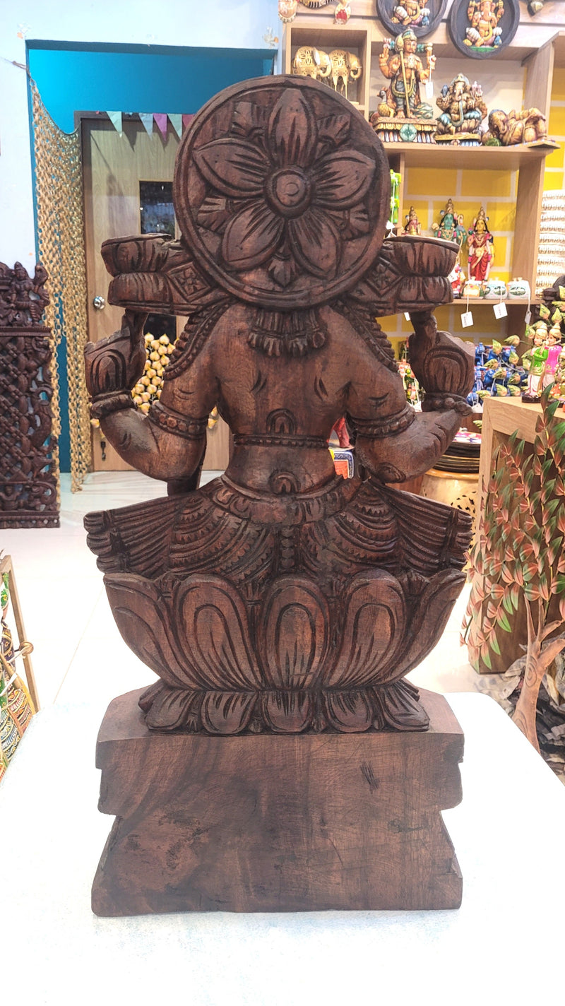 Goddess Lakshmi Wooden Statue Sculpture Idol Rosewood Colour 24 Inch Design 1 Vaagai Wooden Carving Pooja Idol Table Decor Traditional Chettinad Indian Handicrafts (24H x 12L x 4.5W Inches)