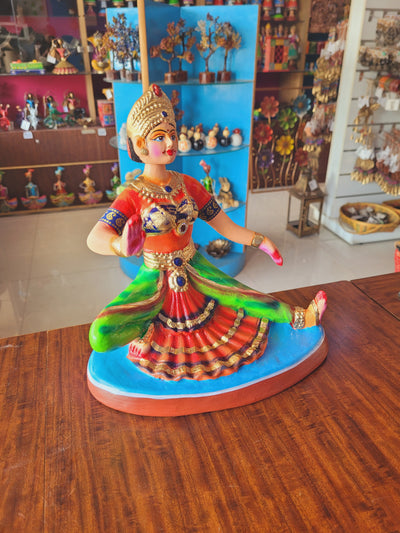 Bharathanatiyam doll dancing head Sitting ( Green, Orange ) Paper Mache 10 inch Handmade Thanjavur Thalayatti Bommai