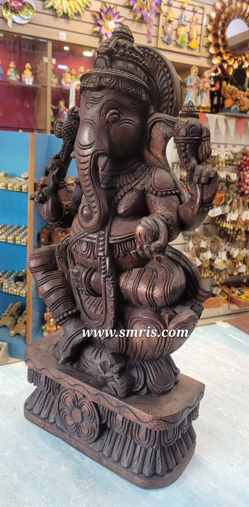 Lord Ganesha / Vinayagar Trunk Right Side Wooden Statue Sculpture Idol Rosewood Colour 24 Inch Design 2 Vaagai Wooden Carving Pooja Idol Table Decor Traditional Chettinad Indian Handicrafts (24H x 12L x 5W Inches)