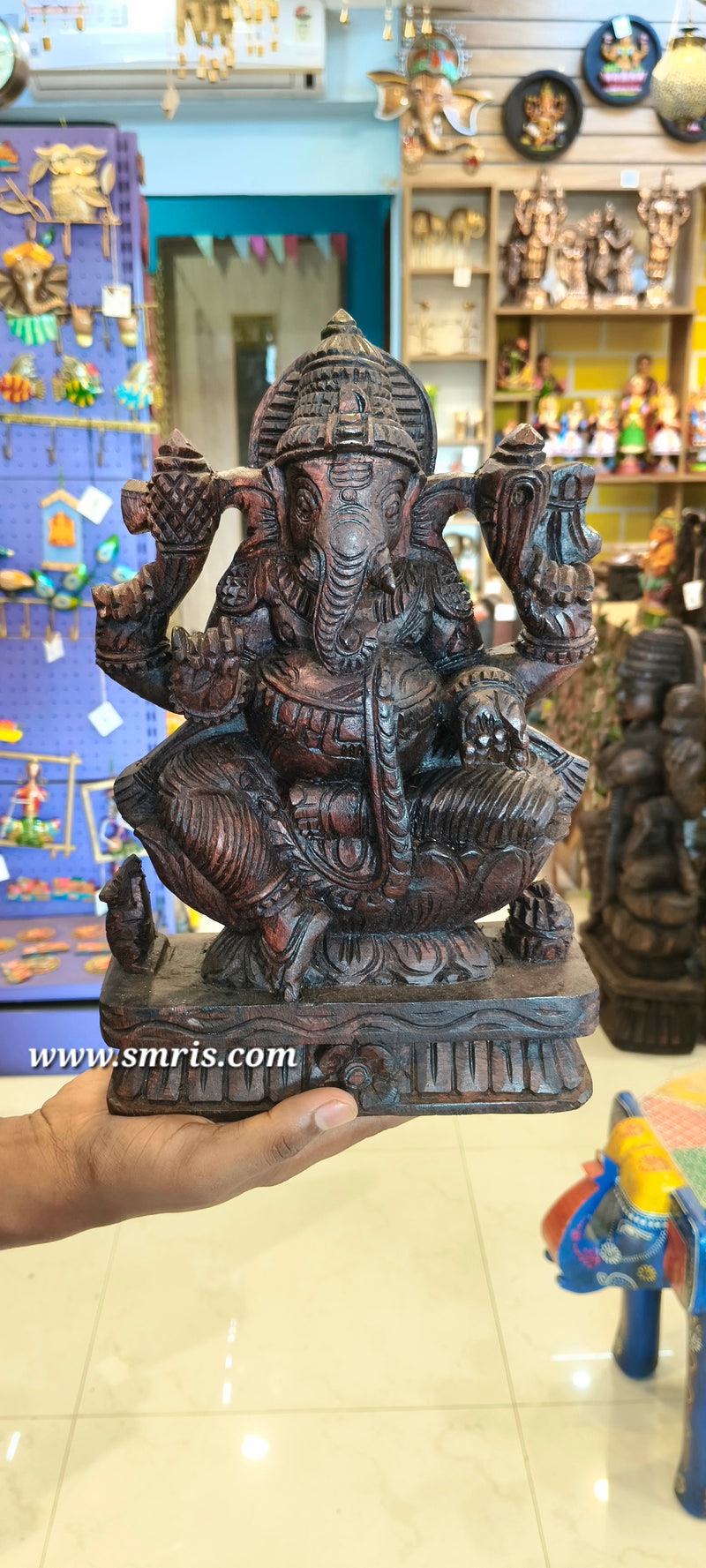 Lord Ganesha Vinayagar Wooden Statue Sculpture Idol Rosewood Colour 12 Inch Pooja Idol Table Decor Vaagai Wood Carving Traditional Chettinad Indian Handicrafts (12 H x 8 L x 3 W inches)
