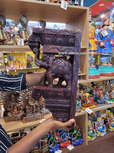 Wood carving Trunk Up Elephant Wall Bracket / Corbel Natural Colour BIG double Bodhil Wood Carving Traditional Chettinad Handicrafts (18H x 9.5L x 3.5W Inches)