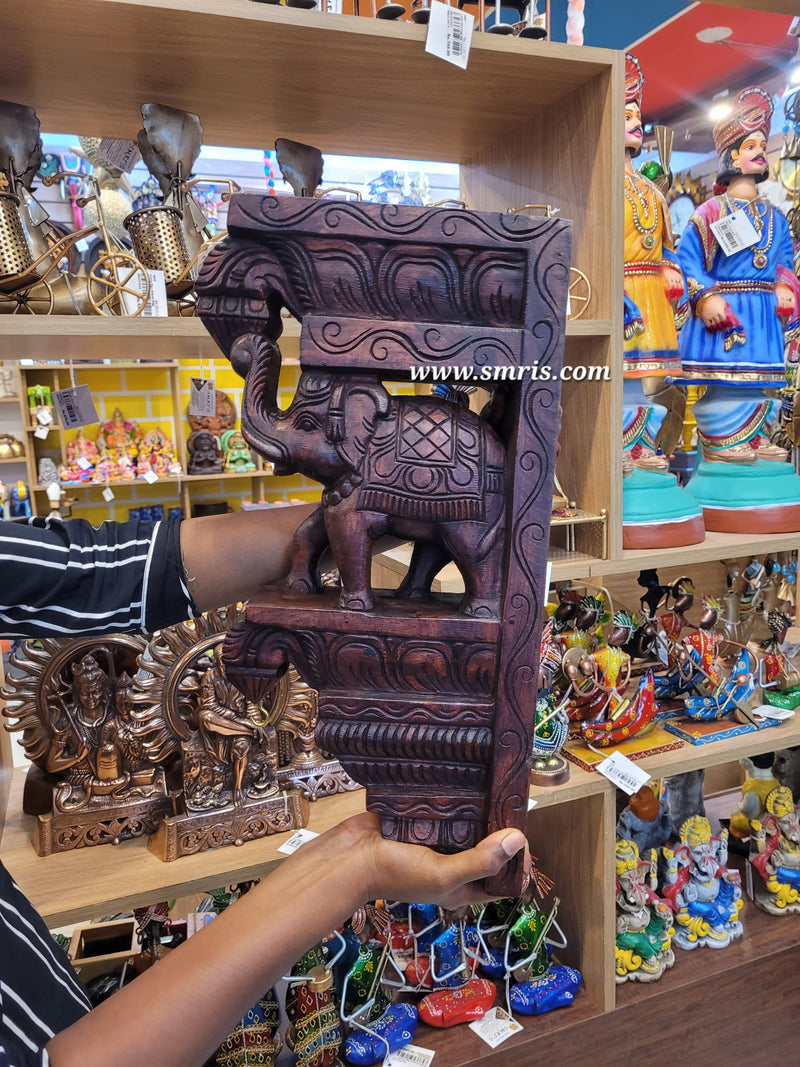 Wood carving Trunk Up Elephant Wall Bracket / Corbel Natural Colour BIG double Bodhil Wood Carving Traditional Chettinad Handicrafts (18H x 9.5L x 3.5W Inches)