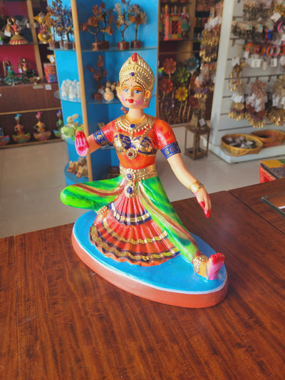 Bharathanatiyam doll dancing head Sitting ( Green, Orange ) Paper Mache 10 inch Handmade Thanjavur Thalayatti Bommai