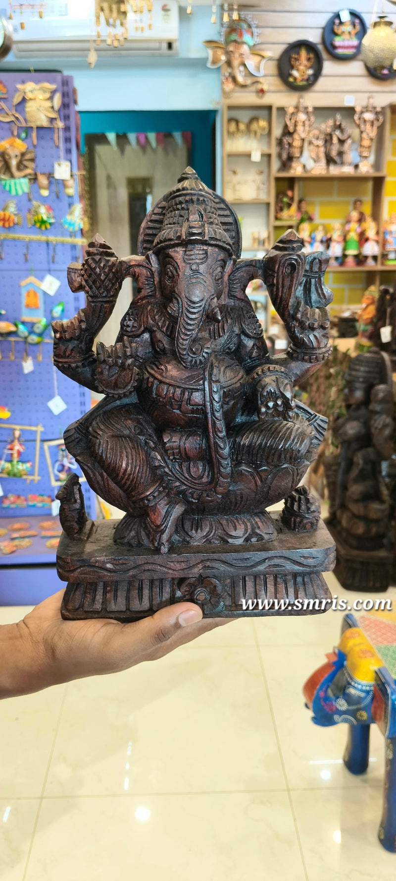 Lord Ganesha Vinayagar Wooden Statue Sculpture Idol Rosewood Colour 12 Inch Pooja Idol Table Decor Vaagai Wood Carving Traditional Chettinad Indian Handicrafts (12 H x 8 L x 3 W inches)