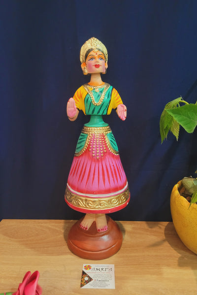 Tanjore dolls Thanjavur Thalayatti Bommai Dancing Doll 15" Rani Pink and Green Woman Show piece Table Décor papermache golu dolls ( 15 H * 5 L * 5 W ) Inches