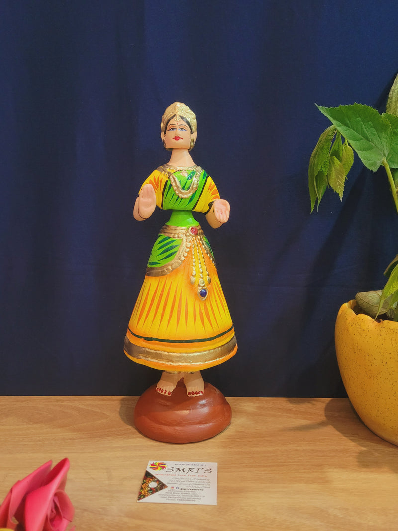 Tanjore dolls Thanjavur Thalayatti Bommai  Heart Dancing Doll Paper Mache 12 inch Green with Yellow Handmade golu dolls butta bomma (11.5H * 3.5L * 3.5W) inches
