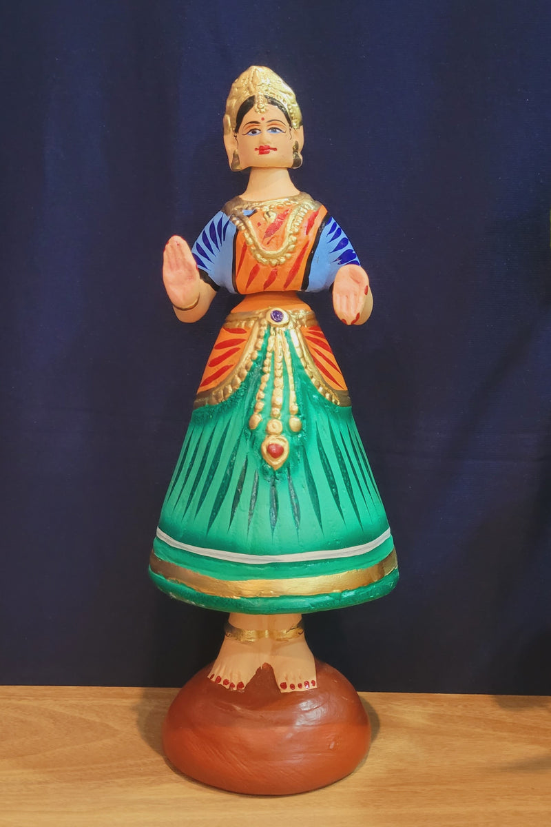 Tanjore dolls Thanjavur Thalayatti Bommai Heart Dancing Doll Paper Mache 12 inch Orange with Green Handmade golu dolls butta bomma (11.5H * 3.5L * 3.5W) inches
