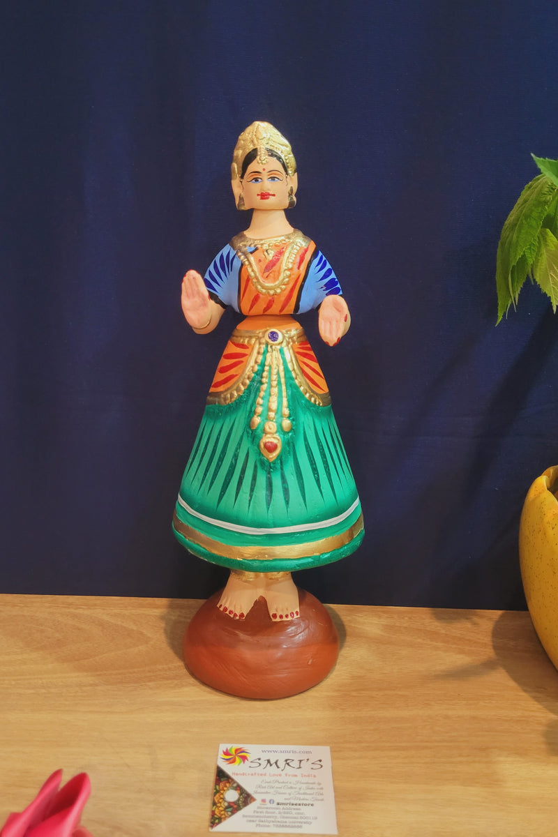 Tanjore dolls Thanjavur Thalayatti Bommai Heart Dancing Doll Paper Mache 12 inch Orange with Green Handmade golu dolls butta bomma (11.5H * 3.5L * 3.5W) inches