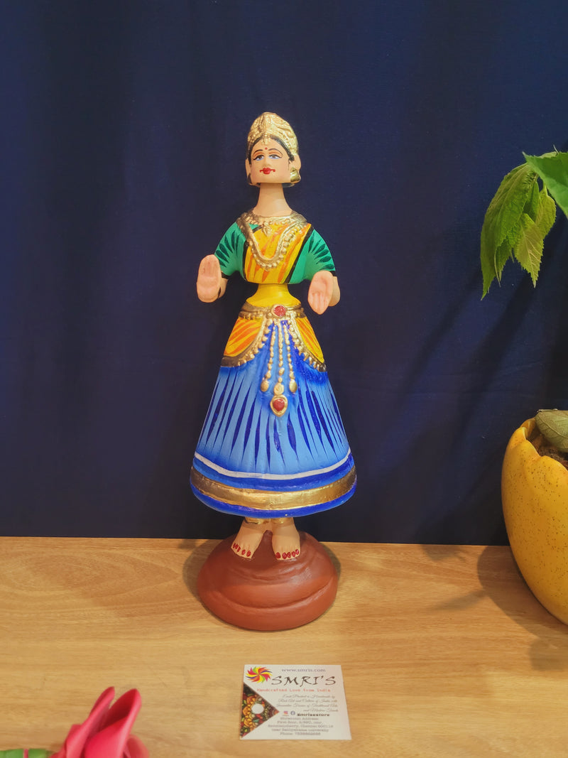 Tanjore dolls Thanjavur Thalayatti Bommai Heart Dancing Doll Paper Mache 12 inch Yellow with Blue Handmade golu dolls butta bomma (11.5H * 3.5L * 3.5W) inches
