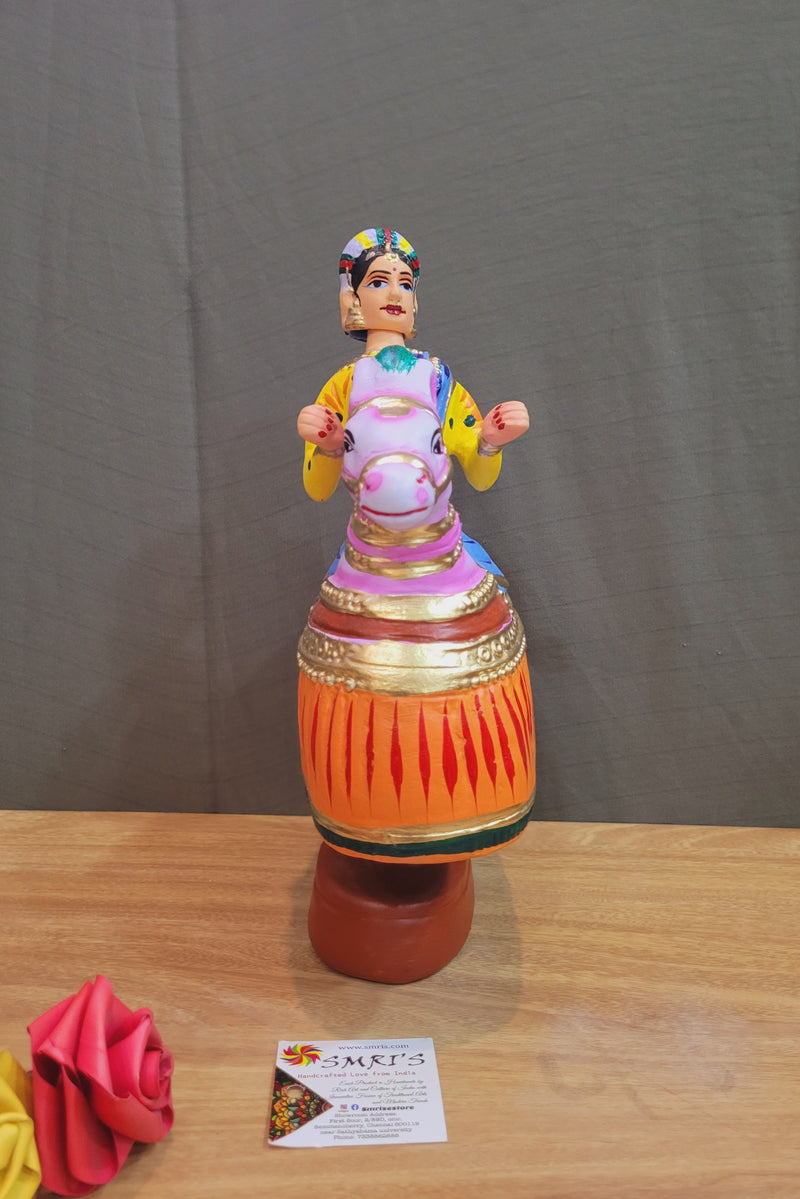 Tanjore dolls Thanjavur Thalayatti Bommai Poikkal Kuthirai Blue Woman with Orange Horse dancing doll (12 H * 10 L * 4W) inches  golu dolls Tamil Tradition