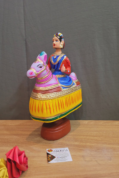 Tanjore dolls Thanjavur Thalayatti Bommai Poikkal Kuthirai Blue Woman with Yellow Horse dancing doll (12 H * 10 L * 4W) inches golu dolls Tamil Tradition