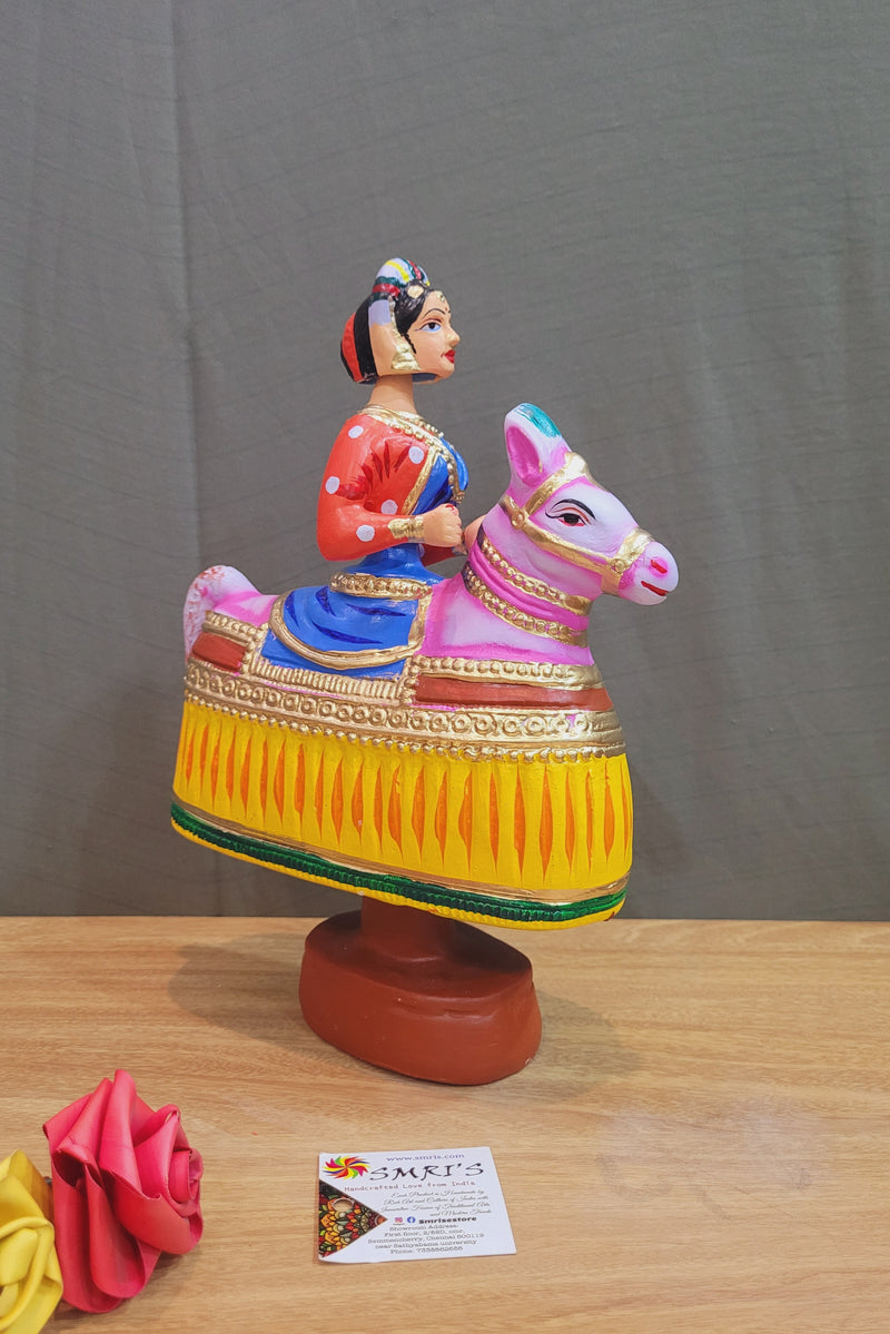 Tanjore dolls Thanjavur Thalayatti Bommai Poikkal Kuthirai Blue Woman with Yellow Horse dancing doll (12 H * 10 L * 4W) inches golu dolls Tamil Tradition