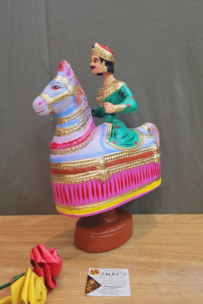 Tanjore dolls Thanjavur Thalayatti Bommai Poikkal Kuthirai Green Man with Pink Horse dancing doll(12.5 H * 10 L * 4W) inches golu dolls Tamil Tradition