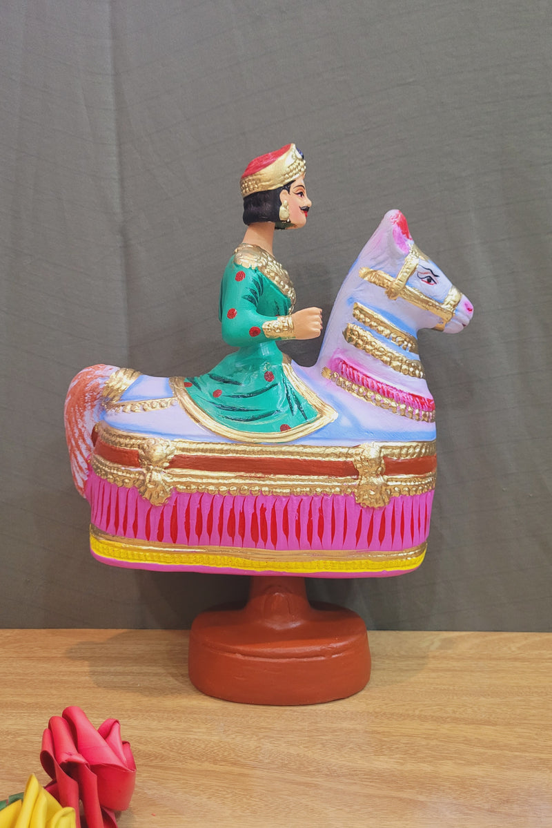 Tanjore dolls Thanjavur Thalayatti Bommai Poikkal Kuthirai Green Man with Pink Horse dancing doll(12.5 H * 10 L * 4W) inches golu dolls Tamil Tradition