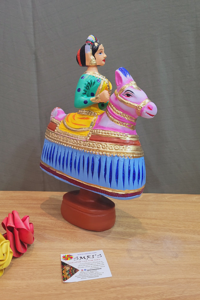 Tanjore dolls Thanjavur Thalayatti Bommai  Poikkal Kuthirai Green Woman with Blue Horse dancing doll (12 H * 10 L * 4W) inches golu dolls Tamil Tradition