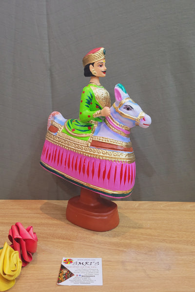 Tanjore dolls Thanjavur Thalayatti Bommai Poikkal Kuthirai Light Green Man with Pink Horse dancing doll(12.5 H * 10 L * 4W) inches golu dolls  Tamil Tradition
