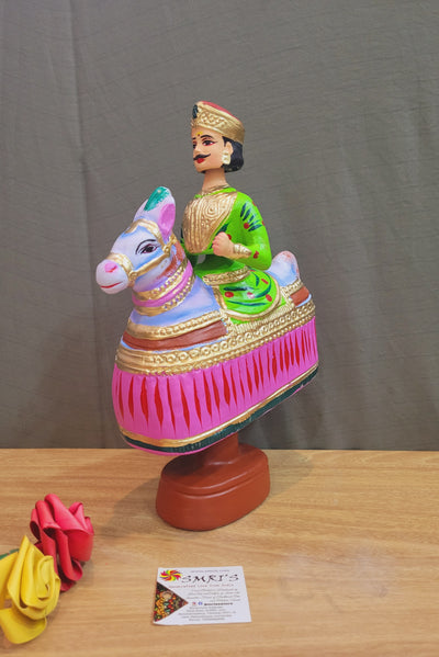 Tanjore dolls Thanjavur Thalayatti Bommai Poikkal Kuthirai Light Green Man with Pink Horse dancing doll(12.5 H * 10 L * 4W) inches golu dolls  Tamil Tradition