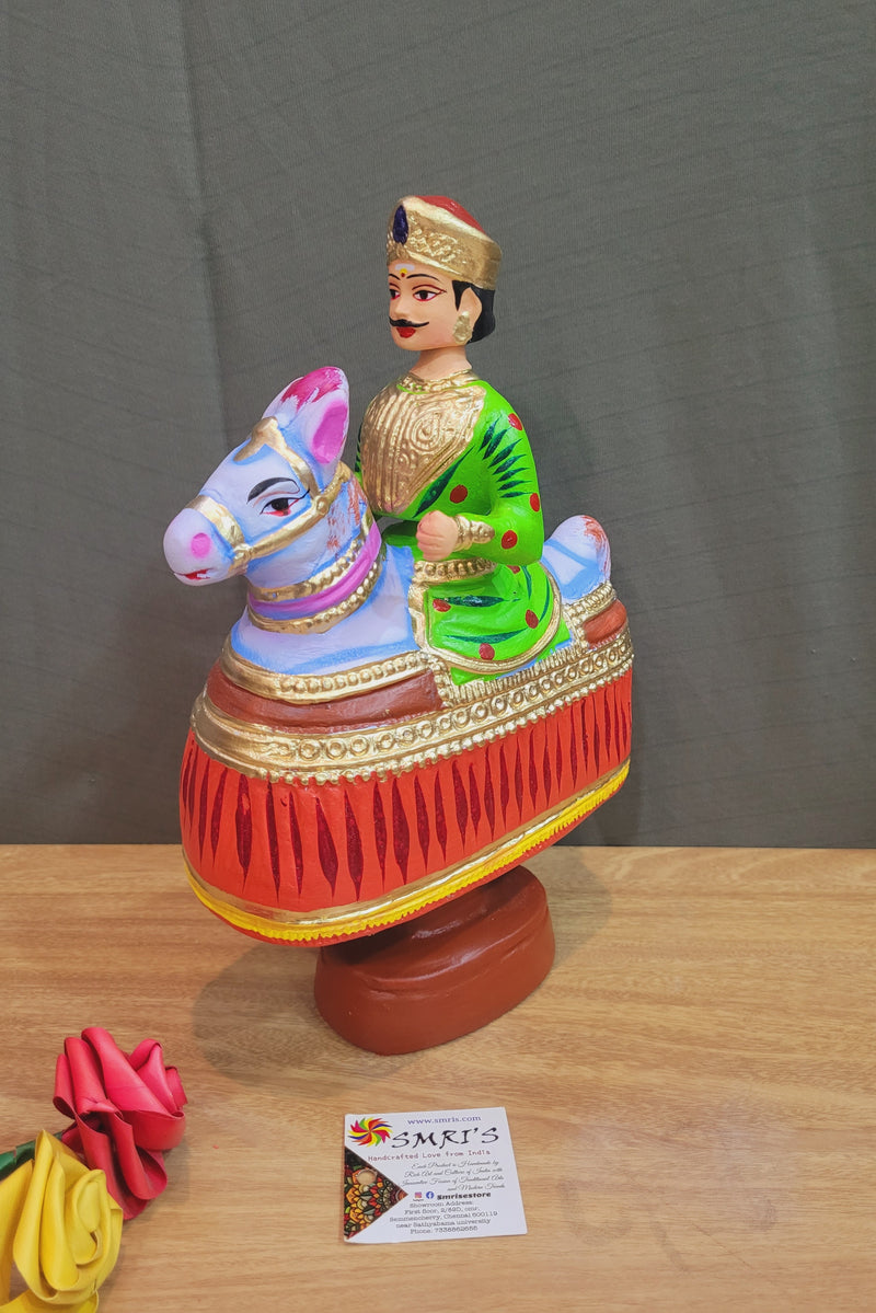 Tanjore dolls Thanjavur Thalayatti Bommai  Poikkal Kuthirai Light Green Man with Red Horse dancing doll(12.5 H * 10 L * 4W) inches Tamil Tradition golu dolls