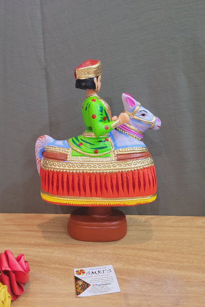 Tanjore dolls Thanjavur Thalayatti Bommai  Poikkal Kuthirai Light Green Man with Red Horse dancing doll(12.5 H * 10 L * 4W) inches Tamil Tradition golu dolls