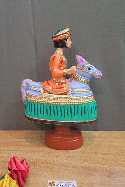 Tanjore dolls Thanjavur Thalayatti Bommai  Poikkal Kuthirai Orange Man with Green Horse dancing doll(12.5 H * 10 L * 4W) inches golu dolls  Tamil Tradition