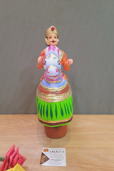 Tanjore dolls Thanjavur Thalayatti Bommai Poikkal Kuthirai Orange Man with Light Green Horse dancing doll(12.5 H * 10 L * 4W) inches golu dolls  Tamil Tradition
