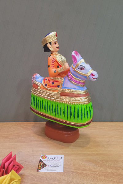Tanjore dolls Thanjavur Thalayatti Bommai Poikkal Kuthirai Orange Man with Light Green Horse dancing doll(12.5 H * 10 L * 4W) inches golu dolls  Tamil Tradition