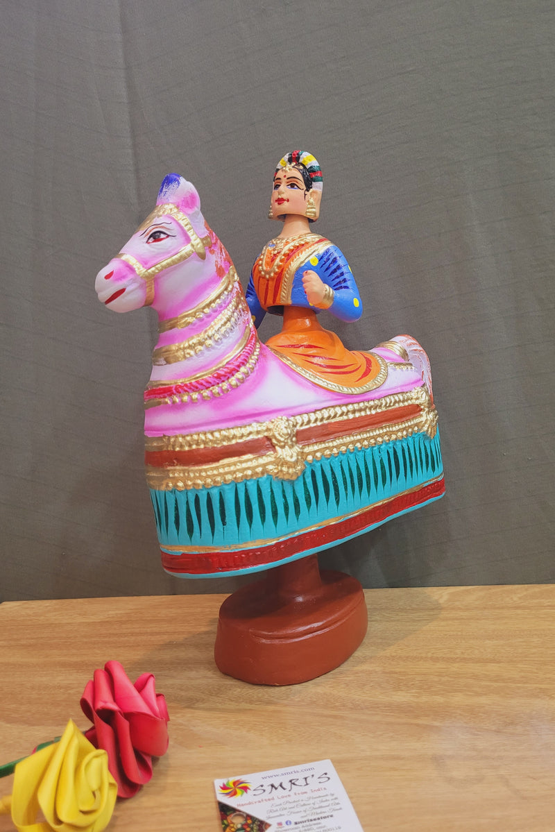 Tanjore dolls Thanjavur Thalayatti Bommai Poikkal Kuthirai Orange Woman with Green Horse dancing doll (12 H * 10 L * 4W) inches golu dolls Tamil Tradition