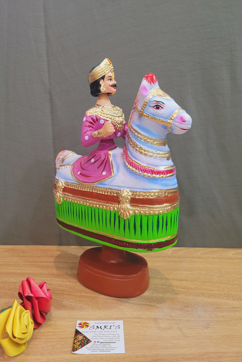 Tanjore dolls Thanjavur Thalayatti Bommai Poikkal Kuthirai Pink Man with Light Green Horse dancing doll(12.5 H * 10 L * 4W) inches golu dolls Tamil Tradition