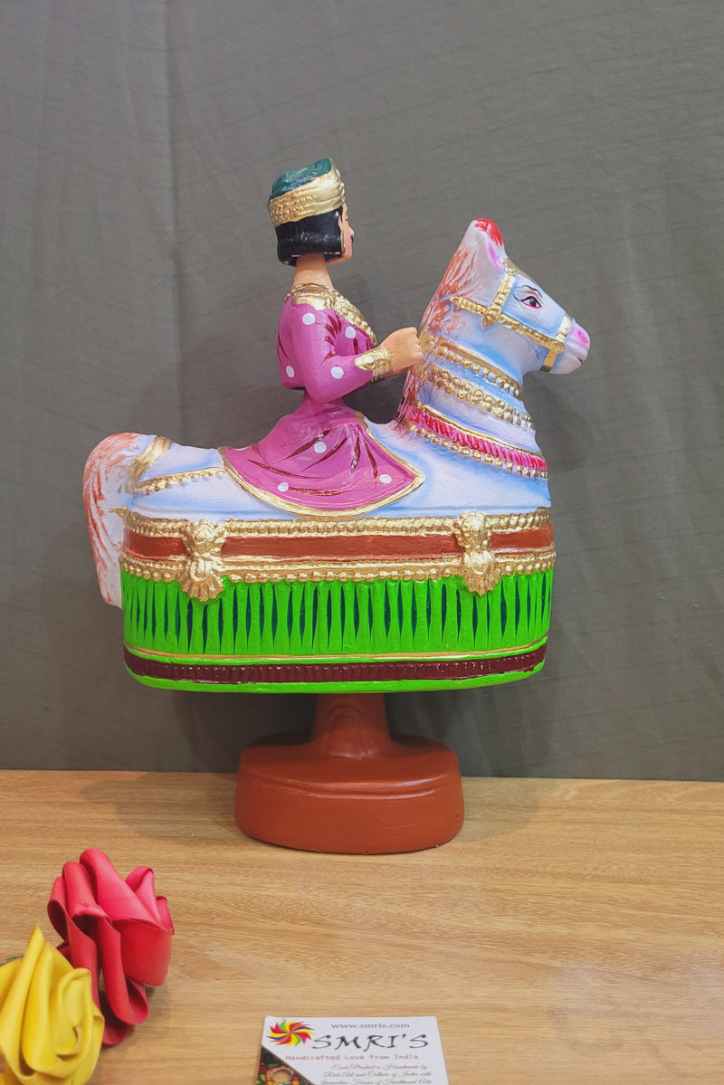 Tanjore dolls Thanjavur Thalayatti Bommai Poikkal Kuthirai Pink Man with Light Green Horse dancing doll(12.5 H * 10 L * 4W) inches golu dolls Tamil Tradition