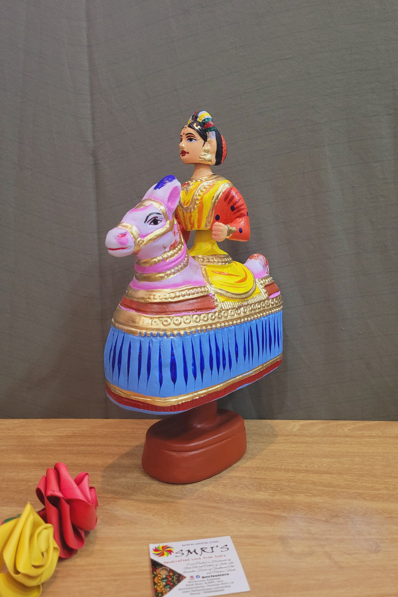 Tanjore dolls Thanjavur Thalayatti Bommai Poikkal Kuthirai Red Woman with Blue Horse dancing doll (12 H * 10 L * 4W) inches golu dolls Tamil Tradition