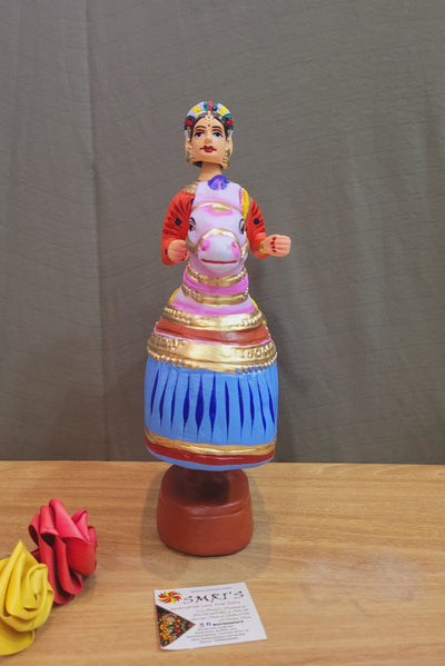 Tanjore dolls Thanjavur Thalayatti Bommai Poikkal Kuthirai Red Woman with Blue Horse dancing doll (12 H * 10 L * 4W) inches golu dolls Tamil Tradition