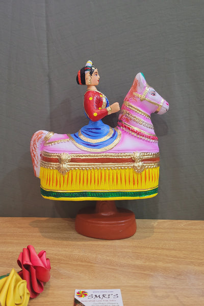 Tanjore dolls Thanjavur Thalayatti Bommai Poikkal Kuthirai Red Woman with Yellow Horse dancing doll (12 H * 10 L * 4W) inches golu dolls Tamil Tradition