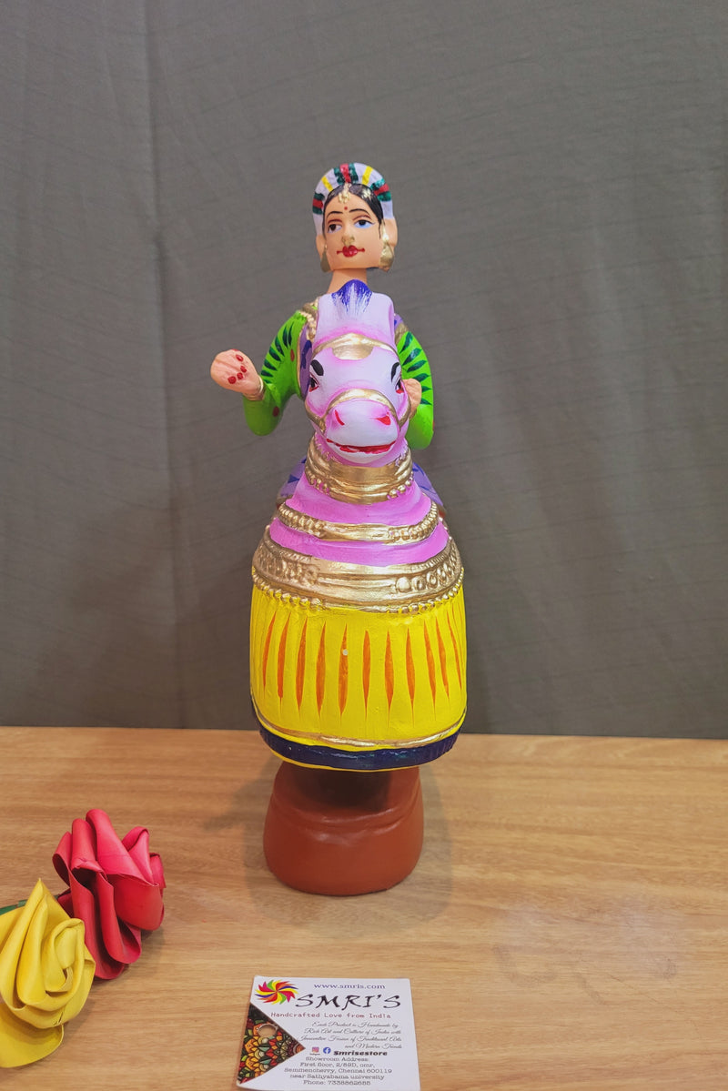 Tanjore dolls Thanjavur Thalayatti Bommai Poikkal Kuthirai Violet Woman with Yellow Horse dancing doll (12 H * 10 L * 4W) inches golu dolls Tamil Tradition