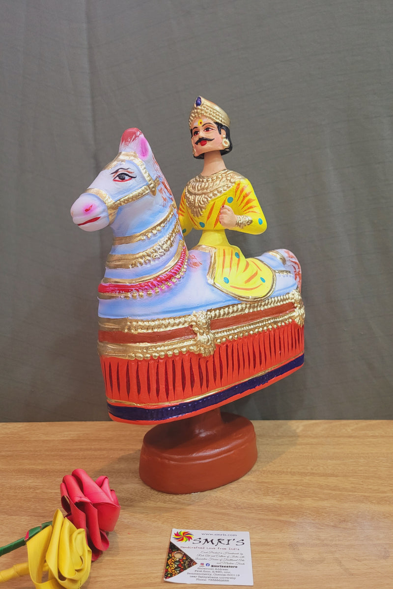 Tanjore dolls Thanjavur Thalayatti Bommai  Poikkal Kuthirai Yellow Man with Red Horse dancing doll(12.5 H * 10 L * 4W) inches golu dolls Tamil Tradition