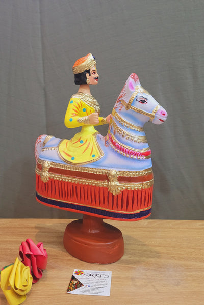 Tanjore dolls Thanjavur Thalayatti Bommai  Poikkal Kuthirai Yellow Man with Red Horse dancing doll(12.5 H * 10 L * 4W) inches golu dolls Tamil Tradition