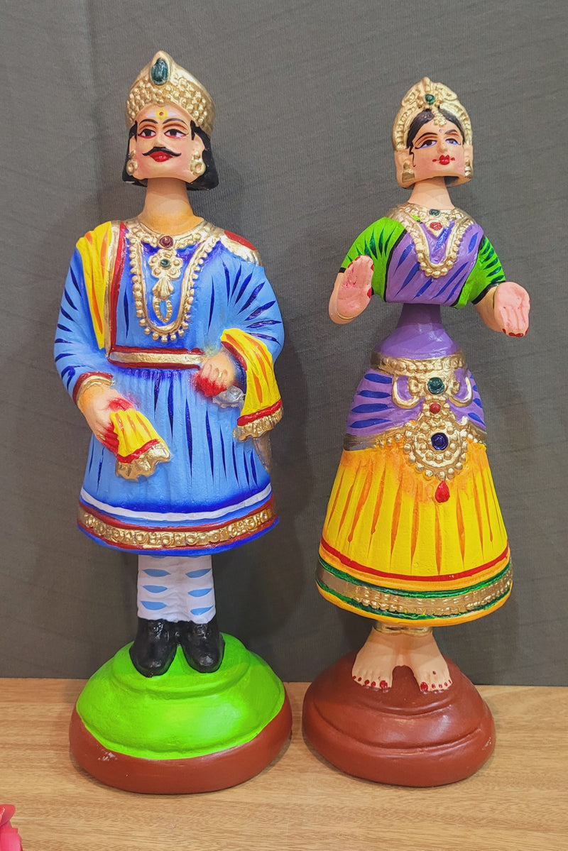 Tanjore dolls Thanjavur Thalayatti Bommai Raja Rani Dancing Doll 12 inch Blue Raja with green blouse yellow skirt Rani Show piece Table Decor papermache golu dolls  (12H * 4L * 4W)Inches