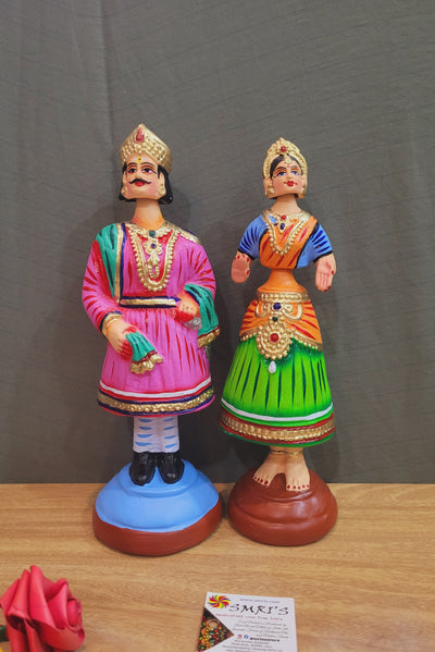 Tanjore dolls Thanjavur Thalayatti Bommai Raja Rani Dancing Doll 12 inch Pink Raja with blue blouse green skirt Rani  Show piece Table Decor papermache golu dolls  (12H * 4L * 4W)Inches
