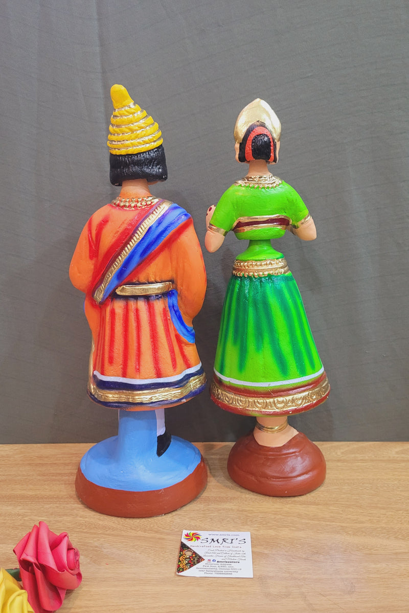 Tanjore dolls Thanjavur Thalayatti Bommai Raja Rani Dancing Doll 14 inch Orange and Green Show piece Table Decor papermache golu dolls  ( 14 H * 4.5 L * 4.5 W ) Inches