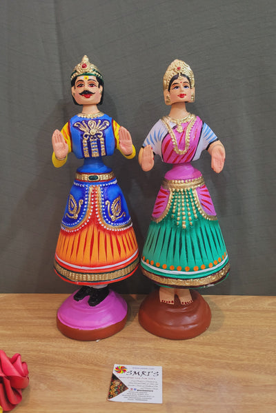 Tanjore dolls Thanjavur Thalayatti Bommai Raja Rani Dancing Doll 14 inch Red Blue and Green Pink  Show piece Table Decor papermache golu dolls ( 14 H * 4.5 L * 4.5 W ) Inches