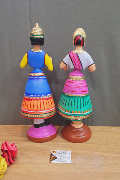 Tanjore dolls Thanjavur Thalayatti Bommai Raja Rani Dancing Doll 14 inch Red Blue and Green Pink  Show piece Table Decor papermache golu dolls ( 14 H * 4.5 L * 4.5 W ) Inches