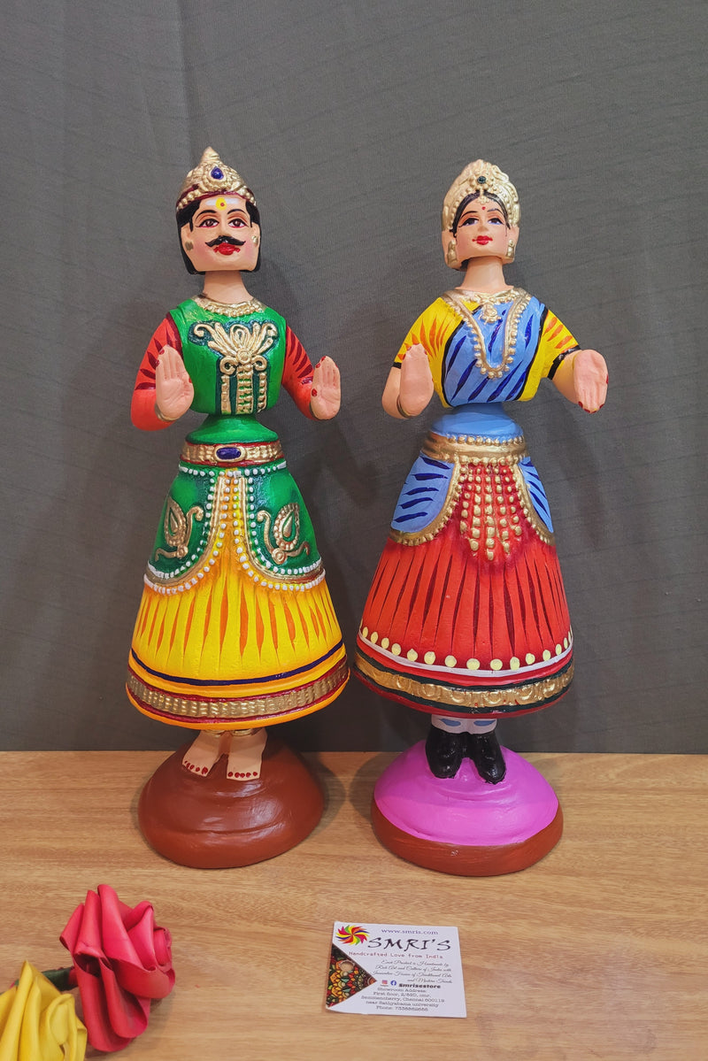 Tanjore dolls Thanjavur Thalayatti Bommai Raja Rani Dancing Doll 14 inch Yellow Green and Red Blue  Show piece Table Decor papermache golu dolls  ( 14 H * 4.5 L * 4.5 W ) Inches