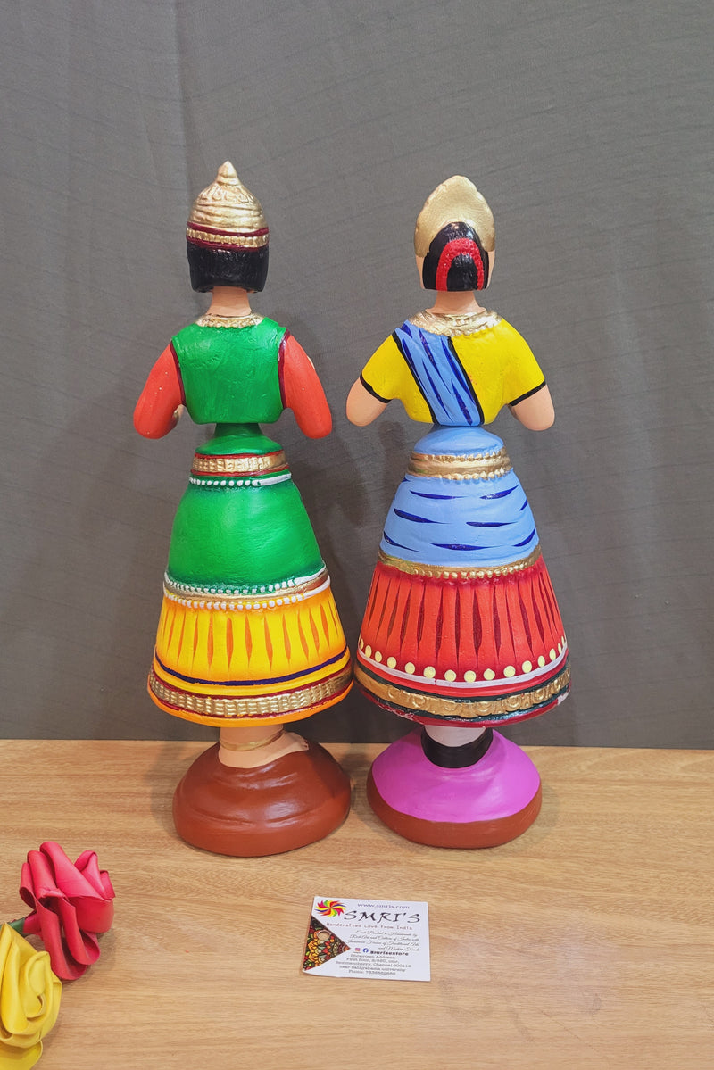 Tanjore dolls Thanjavur Thalayatti Bommai Raja Rani Dancing Doll 14 inch Yellow Green and Red Blue  Show piece Table Decor papermache golu dolls  ( 14 H * 4.5 L * 4.5 W ) Inches