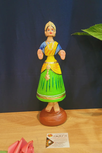 Tanjore dolls Thanjavur Thalayatti Bommai Star dancing Doll Paper Mache 11 inch H Green with Yellow Handmade golu dolls butta bomma (11.5H * 3.5L * 3.5W) inches