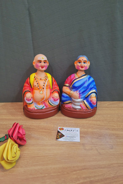 Tanjore dolls Thanjavur Thalayatti Bommai Thatha Patti Red and Blue with Pink Dancing Doll Pair paper mache chettiyar doll bommai (6H * 4L * 4W) Inches