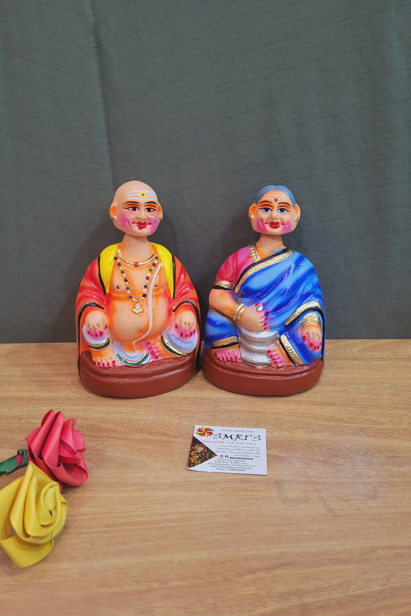 Tanjore dolls Thanjavur Thalayatti Bommai Thatha Patti Red and Blue with Pink Dancing Doll Pair paper mache chettiyar doll bommai (6H * 4L * 4W) Inches