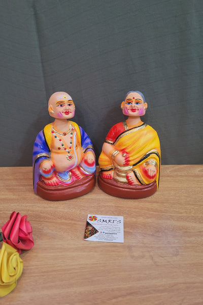 Tanjore dolls Thanjavur Thalayatti Bommai  Thatha Patti Violet and Yellow with Red Dancing Doll Pair paper mache chettiyar doll  bommai (6H * 4L * 4W) Inches