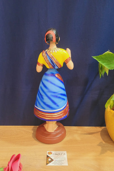 Tanjore dolls Thanjavur Thalayatti Bommai Traditional Woman Dancing Doll 14 inch Big Blue with Yellow (13.5 H * 4.5 L * 4.5 W) inch Paper mache golu dolls butta bomma